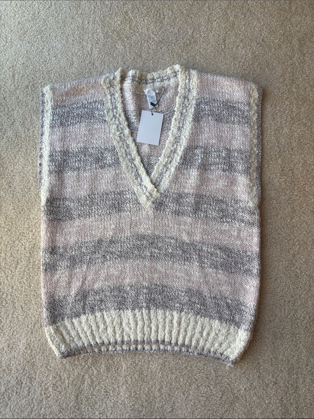 Striped V-Neck Knit Sweater Vest in Cream and Blush